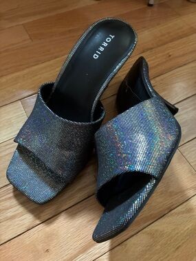 torrid Iridescent Black Holographic Slide Mules